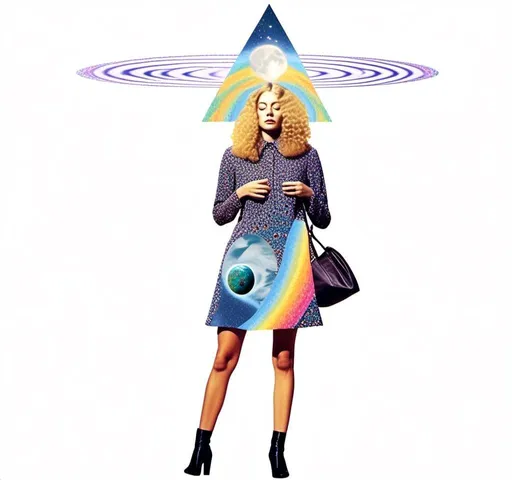 Prompt: A psychedelic collage featuring a photograph of a woman with blond curly long hair. The photo is cut and spliced with other photos and drawings of aliens, UFOs, rainbow spectrums are erupting from places, planets, stars, landscapes, and sparkles set amidst optical illusions of all kinds in geometric shapes giving an otherworldly surreal bizarre ufo alien effect to this psychedelic collage <mymodel>