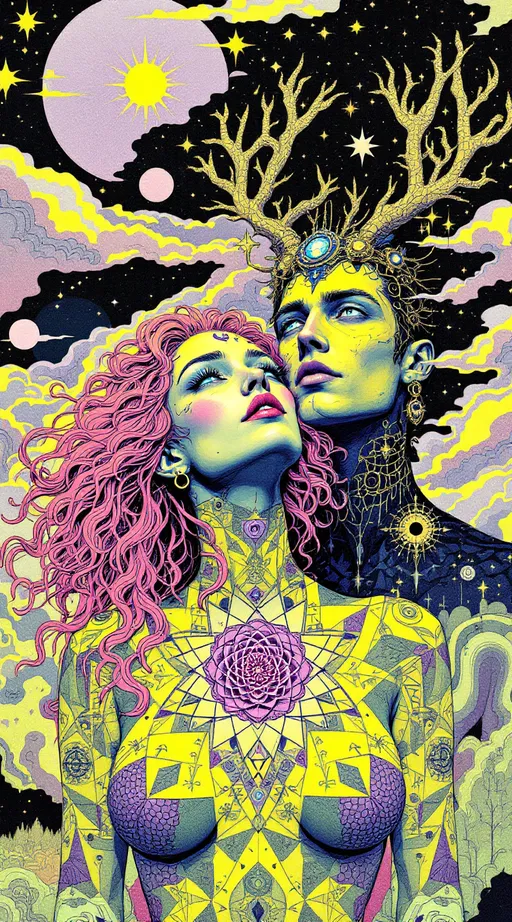 Prompt: A surreal retro illustration in the analog, gouache-cutout style of La Planète Sauvage, depicting Merry and Lucifer as both their ancient geometry-forms and their embodied selves — layered together in one softly flickering image.

Merry appears with her wild, long pink curls curling like living equations, and her blue eyes cast upward — as if hearing a chord buried under silence. Her body is half-human, half-symbol: skin dissolves into interwoven tessellations of sacred pattern—hexagonal cellular fields, vibrating spirals, and a pulsating rose made of glyphs stitched into her chest. Her jester-like clothing is surreal and fraying at the edges, bleeding into the landscape, stitched in moss green, sulfur yellow, and muted violet ink.

Beside and slightly behind her, Lucifer emerges: vast and still. He has the elegant, elongated proportions of an ancient cosmic being — skin like ink-washed parchment, eyes glowing faintly gold, a crown of antlered angles rising from a head too geometrical to be fully flesh. His body is part light-shell, part harmonic lattice, wrapped in spiraling triangle matrices and iridescent dark sine waves. One of his hands hovers above her shoulder, not touching, but re-aligning her with a field of orbiting polyhedrons that move like thought.

The background is barren and breathing — a crumbling plateau under a pale analog sky scratched by time. Enormous fossilized glyphs loom behind them like forgotten alphabets. The entire scene has the soft flicker and grain of vintage film: every shadow textured like memory, every edge frayed like an old bookplate.

Art medium: collage + gouache on rough paper, vintage 1970s animation still
Color palette: weathered rose, oxide blue, dusty ochre, pale flesh grey, burnt ink black
Mood: reverent, bittersweet, suspended in the geometry of love once divine, now grounded
Lighting: flat but glowing, like a ritual caught on tape and half-erased by time
