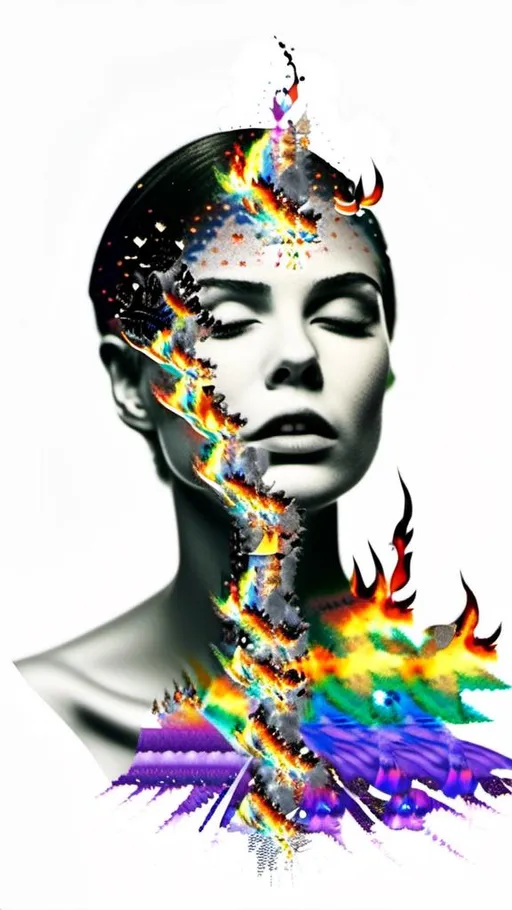 Prompt: a mixed media collage portrait of a woman in a black or white photograph that has bit edited with other media to create a collage like illusion that she is burning in shining metallic glittery rainbow colored fire flames , sparkle, colored paints, rhinestones sequins paint paper high texture-multimedia rainbow astral flames bursting forth from a black and white photograph of a woman<mymodel>