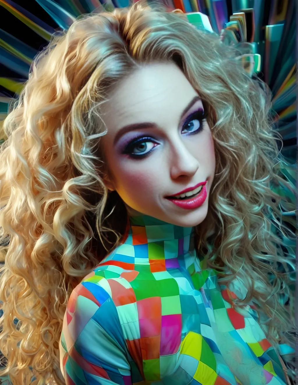 Prompt: a psychedelic hallucination of a female with long blond curly hair modeling avant Garde fashions accessories and makeup created directly out of multidimensional geometry fractals, hypercubes, non Euclidean geometry, psychedelic fashion halucinations 