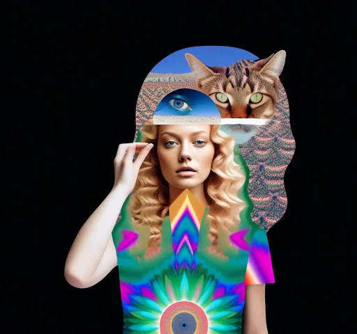 Prompt: A psychedelic collage featuring a photograph of a woman with blond curly long hair. The photo is cut and spliced with other photos - of cats, eyes, body parts, roads, landscapes, trippy optical illusion patterns, pickles, hamburgers, realistic  desert, alien  landscapes, geometric shapes etc in such a way that she has a psychedelic open third eye, in a psychedelic cut and paste collage <mymodel>