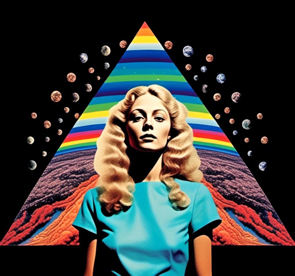 Prompt: A psychedelic collage featuring a photograph of a woman with blond curly long hair. The photo is cut and spliced with other photos and drawings of aliens, UFOs, rainbow spectrums are erupting from places, planets, stars, landscapes, and sparkles set amidst optical illusions of all kinds in geometric shapes giving an otherworldly surreal bizarre ufo alien effect to this psychedelic collage <mymodel>