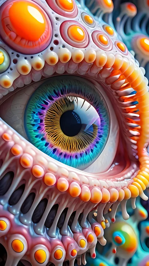 Prompt: an extremely hyper realistic ultra super textural weird trippy surreal psychedelic entity, Nephroid Curves, white, translucent, clear, bright bright pastel colors, oil slick rainbow sheen effect, lots and lots of light, lots of crazy colorful compound psychedelic human eyes, rows of human teeth, fungus, atoms, diatoms, Nephroid Curves