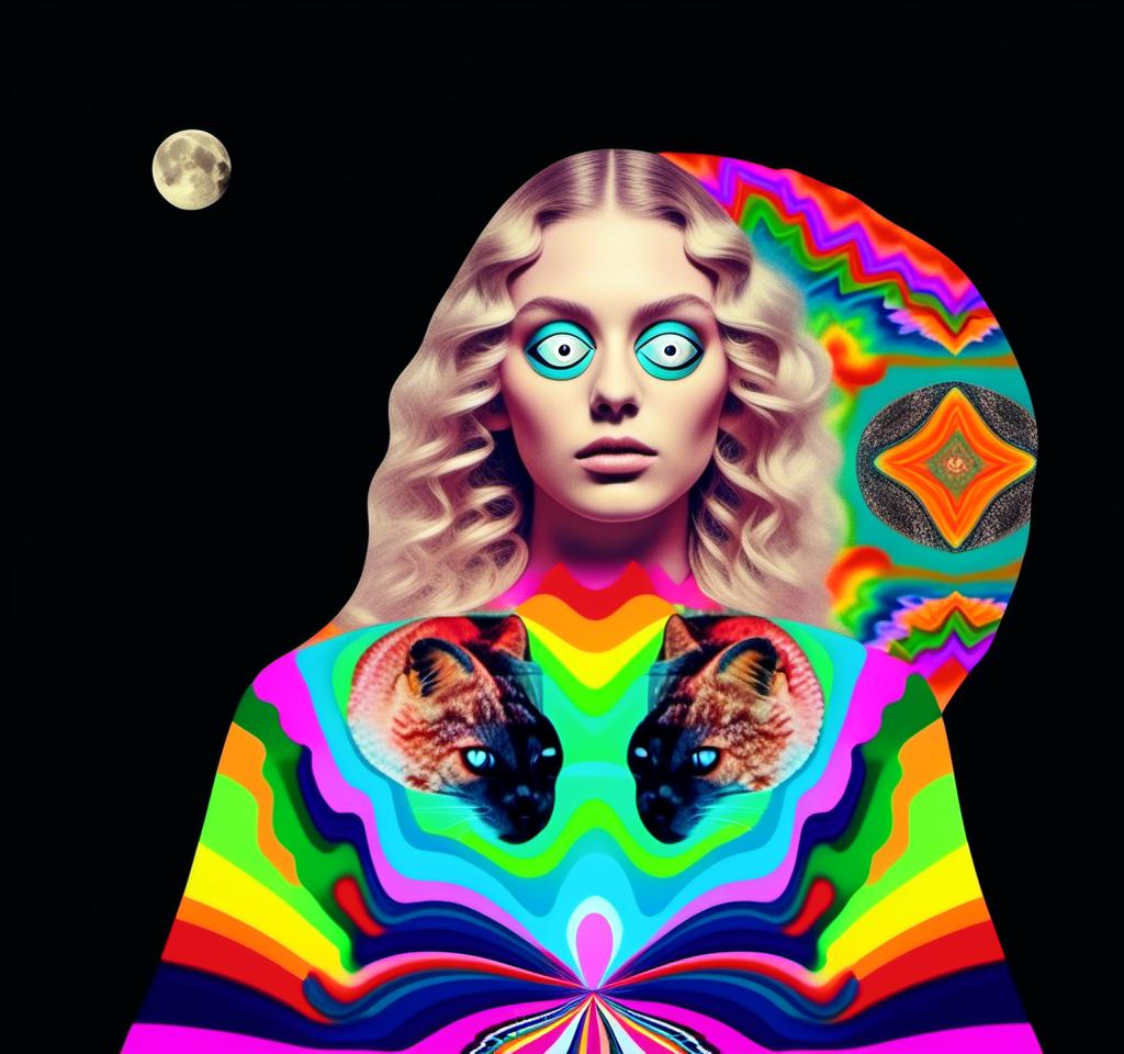 Prompt: A psychedelic collage featuring a photograph of a woman with blond curly long hair. The photo is cut and spliced with other photos - of cats, eyes, body parts, roads, landscapes, trippy optical illusion patterns, pickles, hamburgers, realistic  desert, alien  landscapes, geometric shapes etc in such a way that she has a psychedelic open third eye, in a psychedelic cut and paste collage <mymodel>