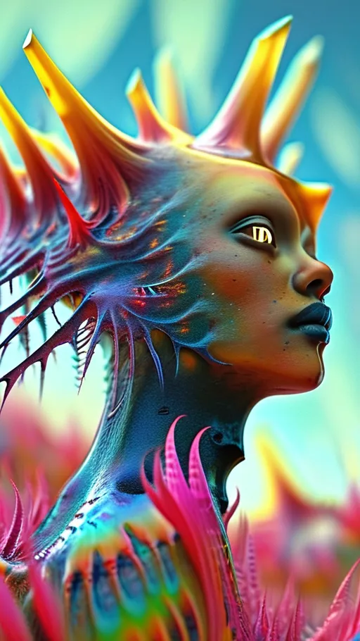 Prompt: In a surreal landscape where imagination reigns, an extremely super hyperrealistic trippy weird surreal odd psychedelic creature emerges, embodying a world beyond comprehension.

Amidst a vibrant field of kaleidoscopic flora, each petal reflects the dazzling spectrum of **Tourmaline**. The creature's human-like face, with eyes glowing in the pale yellow hue of **Fluorine (F)** gas, surveys the surroundings with an ethereal gaze. Its mouth, a blend of insect mandibles and soft humanoid lips, seems to whisper secrets of the universe, resonating with the hum of the surreal environment.

Long, moth-like antennae extend from its head, pulsing with the mysterious energy of **Quantum Entanglement**, creating a shimmering aura that dances with the breeze. These antennae, adorned with **Hexagonal Tiling**, appear to weave the very fabric of this dreamlike realm.

The creature's insect-like thorax glistens with multicolored facets of **Tourmaline**, its surface a living canvas of vibrant hues. As it strides gracefully, its limbs—powerful pincers combined with feline grace—leave intricate patterns in the ground, reminiscent of the **Sierpinski Triangle**, adding layers of fractal complexity to the earth beneath.

Rows of soft, flexible suckers line its abdomen, detailed with the crystalline textures of **Calcite**, allowing it to interact seamlessly with the environment. These suckers leave delicate imprints on the surfaces they touch.

Trailing behind, a long, sinuous tail adorned with scales of vivid **Charoite** sways gently, casting a mesmerizing display of purples and swirling patterns that blend with the landscape. This tail paints the air itself, leaving trails of color that linger before dissipating.

In this scene, the creature embodies a harmonious blend of anatomical diversity, mathematical precision, microscopic detail, quantum mystery, and elemental beauty, inviting all who witness it to explore a realm where reality and imagination dissolve into a dance of infinite possibilities.