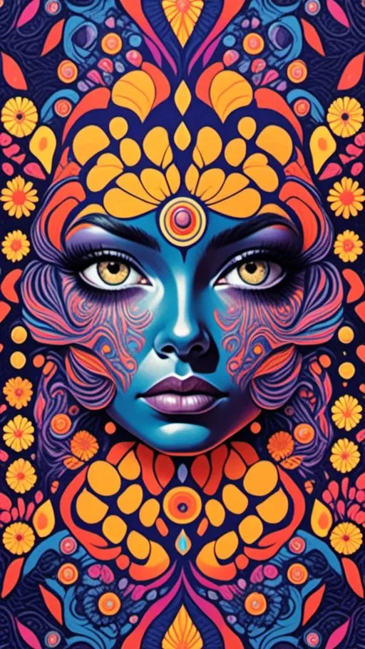 Prompt: <mymodel>Psychedelic poster art illustration of a woman, vibrant colors, retro fashion, high quality, poster art style, bold patterns, detailed facial features, 70s vibes, artistic medium, surreal lighting, colorful and vibrant, retro fashion, detailed eyes, professional, atmospheric lighting