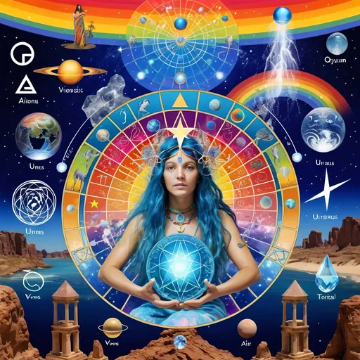 Prompt: <mymodel>The age of Aquarius , new age, zodiac, expressed in a psychedelic style 
1. Water Bearer
2. Waves
3. Air Element
4. The Star (Tarot Card)
5. Uranus
6. Electric Blue
7. Lightning Bolt
8. Futuristic Cities
9. Technology and Gadgets
10. Social Movements
11. Aquatic Animals
12. Crystal Grids
13. Space and the Universe
14. Psychedelic Art
15. Rainbows
16. Eco-friendly Innovations
17. Symbols of Freedom
18. Humanitarian Symbols
19. Musical Notes or Instruments
20. The Hippie Movement
21. Alternative Communities
22. Ancient Symbols of Knowledge
23. Aliens and UFOs
24. Quantum Physics Imagery
25. Mind Maps or Brainstorming Sessions
26. Inventors and Visionaries
27. Geometric Patterns
28. Virtual Reality (VR) and Augmented Reality (AR)
29. Astrological Chart
30. The Universe in the Palm of a Hand