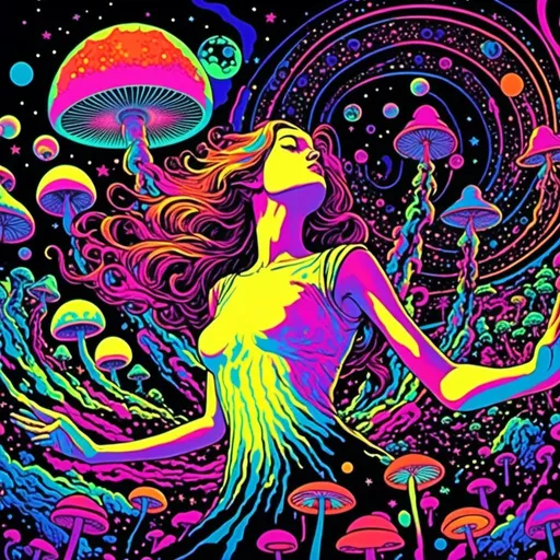 Prompt: <mymodel>Vintage 70s black light poster art illustration, girl hallucinating in space, psychedelic mushrooms, planets, moons, stars, fractals, vibrant colors, intense black light effects, detailed psychedelic girl, cosmic atmosphere, high quality, psychedelic, vintage, space, vibrant colors, fractal details, hallucination, girl illustration, retro art style, cosmic lighting