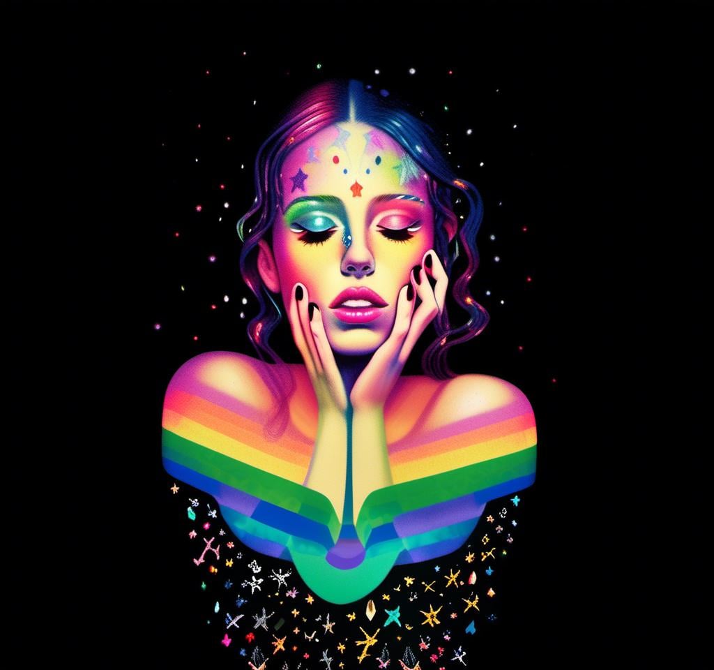 Prompt: a photograph (black and white or halftone) of a woman with multimedia colorful galaxies and stars in her wide eyes who is vomiting pure rainbows and stardust sparkles. She wretches as a beautiful spectrum of colorful light and sparklies made of paint, enamel, glitter, foils, pearl dust, rhinestones, metal, beads, marker, etc spills from her open mouth with force lighting up the room<mymodel>