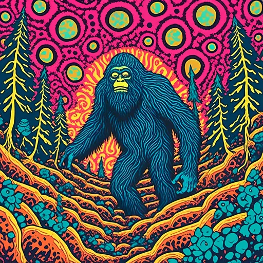 Prompt: <mymodel>Bigfoot, Sasquatch, cryptid, psychedelic poster art style, vibrant colors, swirling patterns, surreal atmosphere, high quality, detailed fur, intense gaze, forest setting, mythical creature, large scale, professional, atmospheric lighting