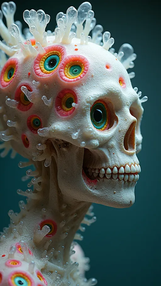 Prompt: an extremely hyper realistic ultra super textural weird trippy surreal psychedelic entity, Cardioid Curves, ,,, translucent, pearlescent finish, silver, pyrite, quartz,, clear, bright vivid teals, blues, pinks/yellows/greens, black charcoal, lots and lots of light, lots of crazy colorful compound psychedelic human eyes, rows of human teeth, fungus,  atoms, diatoms,, Cardioid Curves