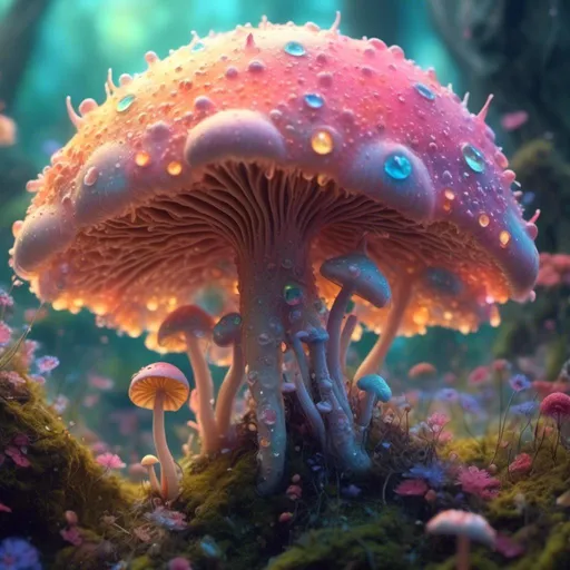 Prompt: <mymodel> an extremely hyper realistic ultra textural psychedelic fungus creature. trippy, surreal, odd, cute, small, mushrooms, mycelium, fungus, lots of light, translucent, bright pastel colors, lots of trippy psychedelic eyes, human teeth