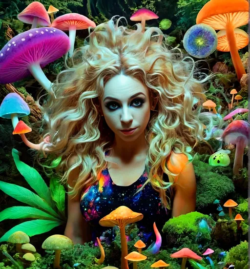 Prompt: 4k, ultra-detailed, psychedelic, trippy, bright colors, vivid, black light poster, girl with longish blond curly hair, psychedelic magic mushrooms, trippy hallucinations, optical illusions, patterns, crystals, moss, forest, moon, geometry fractals, vibrant colors, detailed hair, surreal, vibrant lighting