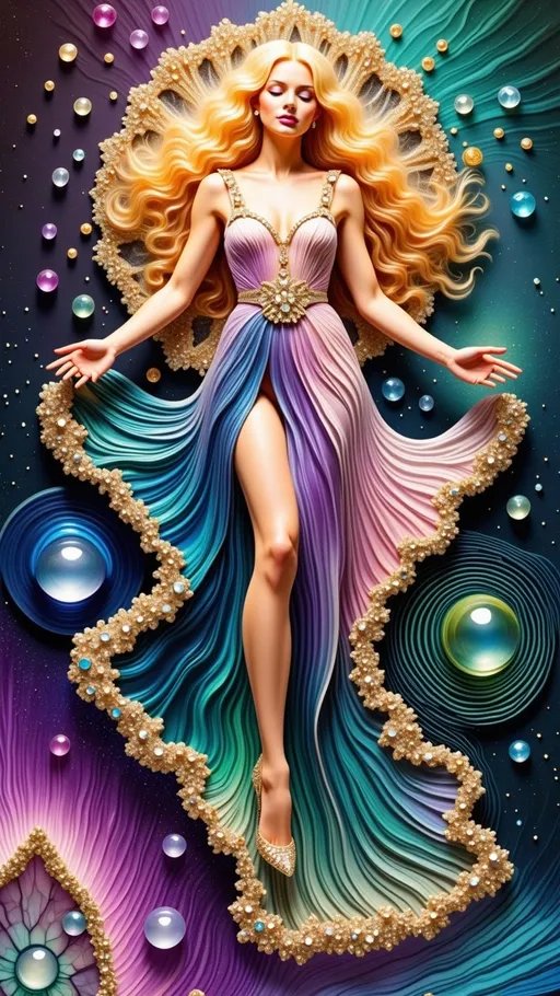 Prompt: The design centers on a radiant woman with long blond curly hair, her strands flowing outward like golden threads of vibrating energy, merging seamlessly with the abstract elements around her. Surrounding her is a symphony of visualized vibrations: cymatic patterns ripple across the background in intricate, snowflake-like forms, glowing with soft hues of silver, teal, and lavender. From her figure, concentric waveforms radiate outward, echoing ripple patterns on water, their motion captured in fluid strokes of blue and green. Her hair transforms into spiraling waves of light, intertwining with auroral streaks of pink, purple, and gold that arc across the composition, symbolizing the dynamic flow of cosmic energy. Beneath her feet, Chladni plate patterns form a grounding foundation, their symmetrical geometry amplifying the sense of resonance and harmony. Circular vibrations pulse around her, creating a luminous halo effect, while harmonics ripple through the scene in layered overlays of light and motion. The design weaves together the organic and the ethereal, celebrating the beauty of vibration as an ever-present force, with the woman embodying the connection between humanity and the energetic rhythms of the universe.