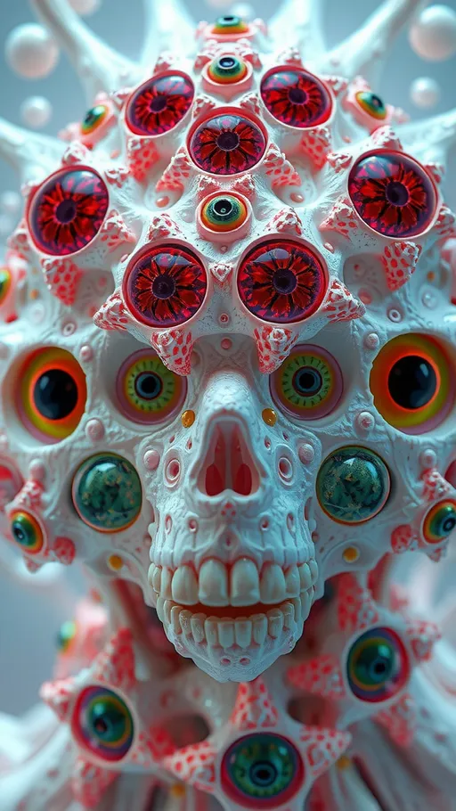 Prompt: an extremely hyper realistic ultra super textural weird trippy surreal psychedelic entity, gyroid structures, Pascal's Triangle, white, translucent, clear, bright bright pastel colors, oil slick rainbow sheen effect, lots and lots of light, lots of crazy colorful compound psychedelic human eyes, rows of human teeth, fungus, atoms, diatoms, gyroid structures, Pascal's Triangle