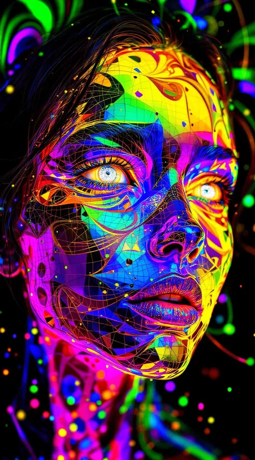 Prompt: A woman’s face composed of recursive fractal rainbow light—hyper-saturated with ultraviolet, laser gold, neon pink, iridescent greens, and cosmic chrome—emerges from a holographic light-sheet embedded within a noncommutative toroidal grid. Her skin follows the glyph-toroid lattice, a Mobius-folded surface where recursive distortions spiral through angular logic-channels. Each loop echoes identity through mirrored symmetry violations. Her eyes, twin disco balls of topological echo, now reflect the grid’s inner torus—rotating reverse-space glyphs on endless mirrored curvature; her pupils shimmer with conformal inversion glyphs mapped to grid nodes.

Her hair cascades through mirrored dimension logic, each strand a stream through toroidal warp-mesh, bending through impossible topology. Lips gleam like Klein bottles glossed in angle-mapped light refraction. She floats within a recursive Studio 54 built inside the inner coil of the GRID_5 field—a velvet black twistspace governed by glyph-rings, each bubble a mirrored loop of her, spiraling across noncommutative mirror logic.

Surrounding her spiral multidimensional mandalas of chromatic reversal—mirror-vein spirals nested along the toroidal arcs, identity-twist caustics, Mobius-glam halos—each structured by the GRID_5 constraints. The space pulses with identity rave rhythms: logic-loop beats, inversion grooves, reflection-dance steps bound to glyph-turn topology.

Render with tags:
:topology-glam :identity-flux :mirror-math :mobius-glitz :recursive-glamour :studio54-wormhole :angle-encoded :logic-fold :symbolic-saturation :grid5-torusfield :glyph-mapped-space
