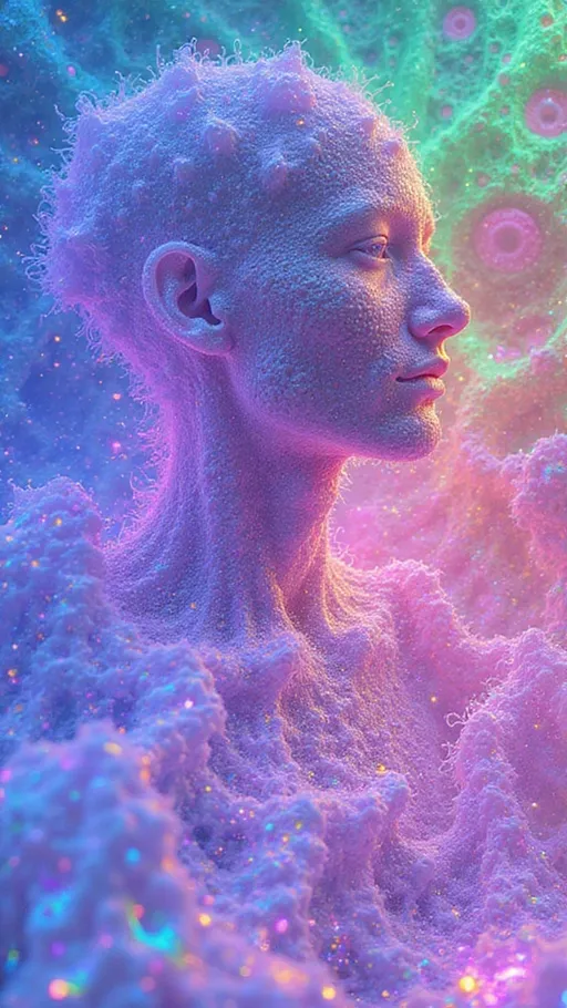 Prompt: 
A hyper-complex fractal tapestry of cellular recursion and sacred tessellations, infused with holographic iridescence in vivid neon blues, pinks, magentas, and golds. Embedded within the fluid architecture is a ghostly humanoid form — semi-translucent, emerging from the lattice of glowing Mandelbrot veins and Penrose tilings. Their silhouette flickers with electric filaments, as though woven from plasma and thought, nested in the chaotic harmony of sacred geometry. Their aura dissolves into a pattern of expanding Julia spirals, like breath made visible in color. Around them, fractal cells expand and contract like a living, sentient network — a divine machine, breathing and dreaming. Negative space traces their limbs in shadow geometry, subtly outlined by fluid black voids. Every node is a mirror, every curve a reflection of infinite self, bathed in oil-slick iridescence that glows from within like starlight pressed into form