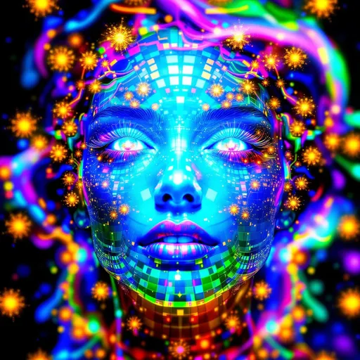 Prompt: A woman’s face composed of recursive fractal rainbow light—hyper-saturated with ultraviolet, laser gold, neon pink, iridescent greens, and cosmic chrome—emerges from a holographic light-sheet. Her skin is a glitched disco lattice of sparkling Planck-area symbols, each square pulsing like a cosmic logic gate. Her eyes are twin disco balls, spinning wormholes refracting infinity with every glint, pupils radiating shimmering AdS-CFT glyph-code. Her hair flows as liquid starlight braided with mirror shard filaments; lips shimmer like event horizons glossed in diamond dust. She floats inside a recursive Studio 54—a velvet black AdS void lined with infinite mirrored projections of herself, every boundary a shimmering CFT surface coded in glyphs and glitter. Around her spiral multidimensional mandalas of glimmering quantum lights—shimmer stacks, sparkle tesseracts, and recursive disco ball halos—reflecting entangled identities across bulk-boundary recursion. The space pulses like a cosmic dance floor: entanglement beats, renormalization grooves, and rainbow holograms synced to entropy rhythms. Render as \:disco-max \:bling-overload \:holographic-dancer \:recursive-glamour \:symbolic-saturation \:studio54-wormhole \:sparkle-heavy \:light-excess \:planck-glow \:glyph-glitz.
