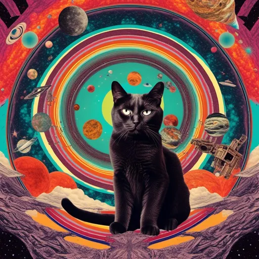 Prompt: a psychedelic collage with a vintage 70s sci-fi animation feel to it except the subject matter will be CATS IN SPACE! The collage will have elements of photography, illustration, trippy patterns and optical illusions, alien landscapes, strange trippy planets, UFOs,, meteors, all cut and spliced together in a psychedelic collage style <mymodel>