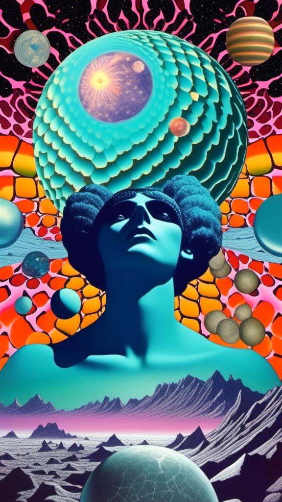 Prompt: A vintage 70s psychedelic collage with the theme “astral vacation”- incorporate themes of astral projection, the astral plane, the silver cord, use an astral brilliantly but sometimes muted opalescent color palette, & combine it all with planets, orbs, optical illusions and psychedelic trippy patterns, color spectrums as a surreal vintage psychedelic collage<mymodel>