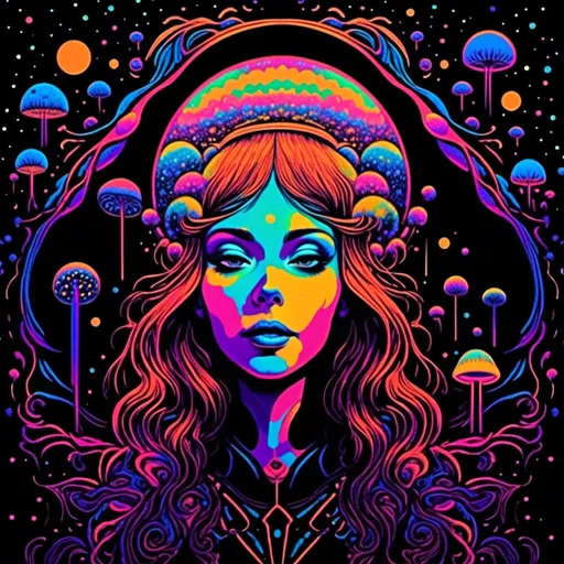 Prompt: <mymodel>Vintage 70s black light poster art illustration, girl hallucinating in space, psychedelic mushrooms, planets, moons, stars, fractals, vibrant colors, intense black light effects, detailed psychedelic girl, cosmic atmosphere, high quality, psychedelic, vintage, space, vibrant colors, fractal details, hallucination, girl illustration, retro art style, cosmic lighting