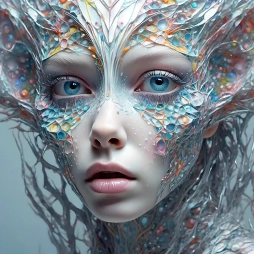 Prompt: <mymodel> Extremely hyperrealistic psychedelic geometric creature, multidimensional geometry, nonhumanoid  geometric shape, translucent, silver, white, bright pastel colors, fractals, ultra textural, creature, monster, entity, face/body/mouth, eyes
