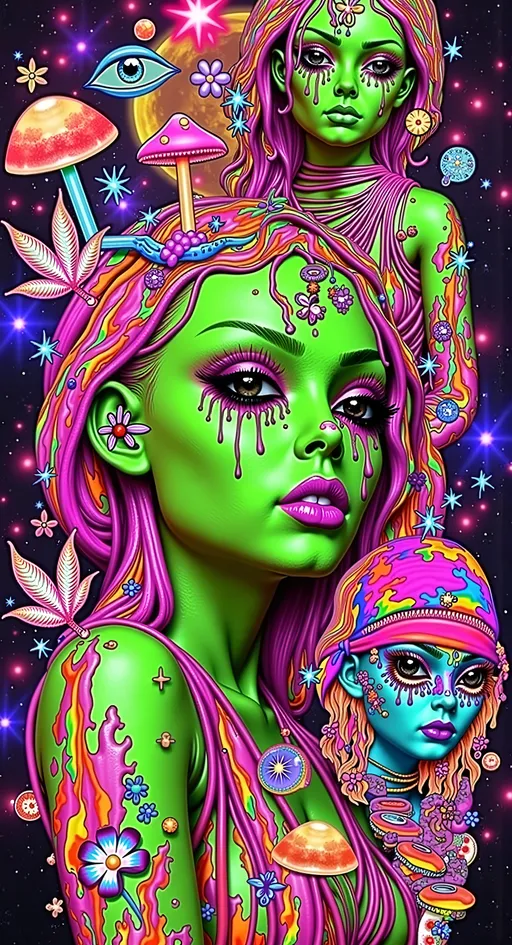 Prompt: **Trashy Cosmic Crew - AI Art Prompt**

Dive into a wild and lively scene featuring our iconic green-skinned alien babe, with her distinctive conical-shaped head and large, solid black almond-shaped eyes, alongside her rowdy extraterrestrial friends. They're striking edgy and playful poses, gesturing at the camera with cheeky irreverence amidst a chaotic backdrop filled with vibrant cosmic and psychedelic imagery.

Set the scene on an alien planet, where the landscapes are as gritty and raw as they are breathtaking. Include elements like rugged asteroids, mysterious moons, blazing suns, distant stars, and swirling nebulae, creating a rich tapestry of celestial wonders.

Add a touch of the surreal with cosmic rays and hints of the astral plane, weaving through the scene like electric currents. Black holes add a mysterious edge, while colorful psilocybin mushrooms and cannabis leaves appear throughout, adding a rebellious and psychedelic twist.

Incorporate lively details like hookahs and herbal rolls, as the alien crew enjoys their cosmic pastimes. The characters are decked out in bold, edgy outfits that scream attitude, with ripped fabrics, metallic accessories, and neon accents.

Let the scene be filled with a sense of carefree fun and camaraderie, as these intergalactic adventurers embrace the chaos of the moment. Capture their mischievous and playful expressions, making sure each character exudes their own unique brand of cosmic cool.

Balance hyperrealistic textures with a raw, artistic style, capturing the edgy and adventurous spirit of this cosmic gathering. Let the fine details and vibrant colors transport viewers into a realm where rebellion and the extraterrestrial collide, in a celebration of cosmic chaos and exploration. 🌌👽🔥

Let this prompt inspire a piece that's as dynamic and visually captivating as it is uniquely yours!