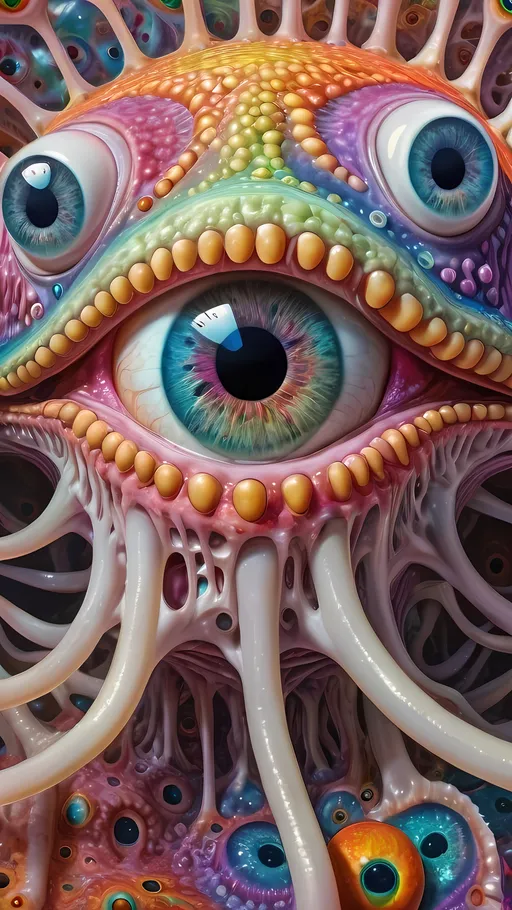 Prompt: an extremely hyper realistic ultra super textural weird trippy surreal psychedelic entity, Nephroid Curves, white, translucent, clear, bright bright pastel colors, oil slick rainbow sheen effect, lots and lots of light, lots of crazy colorful compound psychedelic human eyes, rows of human teeth, fungus, atoms, diatoms, Nephroid Curves