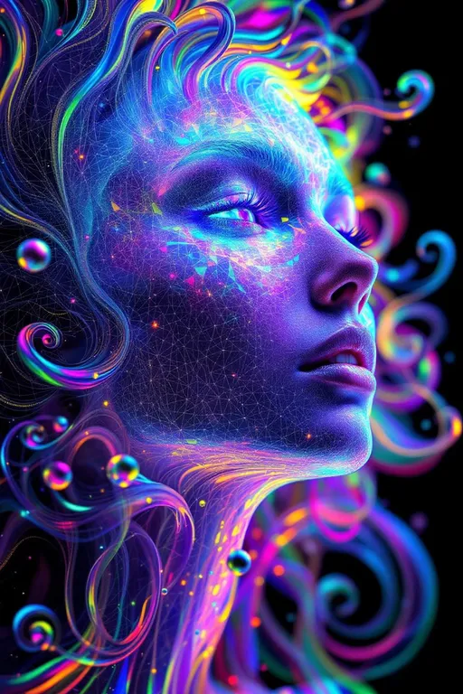 Prompt: A dazzling female face emerges entirely from living math and radiant rainbow light—no flesh, only shimmering structure. Her features are formed from a layered fusion of mathematical forces: Fourier transforms ripple across her cheeks as oscillating waves of pure chroma, while Penrose tiling lays the framework of her bone structure in quasiperiodic rainbow shards. Her eyes are formed from rotating Riemann surfaces, depth-layered and infinite, shimmering like complex-number mirrors. Her hair streams upward in Hopf fibrations woven with harmonic spirals, curling into loops of saturated neon, constantly shifting phase.

She’s birthed in a Studio 54-shaped dimension—a warped disco ball where projective geometry curves the space itself, bending mirrored facets into recursive tilings. Light is sound here: her smile pulses with sine wave interference patterns, glittering with Turing patterns that blink to the beat of a divine groove. IFS fractals bloom from her brow in iridescent motifs, shimmering like oil on water and splitting infinitely. Her entire form is animated by the music of math—she is the math—rendered in chromatic shimmer, sparkling logic, and shimmering equations.

The air sparkles with dancing dust from chaotic attractor fields, casting prismatic shadows. Her dimension is alive with recursive shine, a disco-holofractal dream woven from colored algorithms.

Tags: #Studio54MathBabe #FourierCheekbones #PenroseFace #RainbowLogic #HopfHair #DiscoMathDimension #SheIsMath #ColorMadeConscious