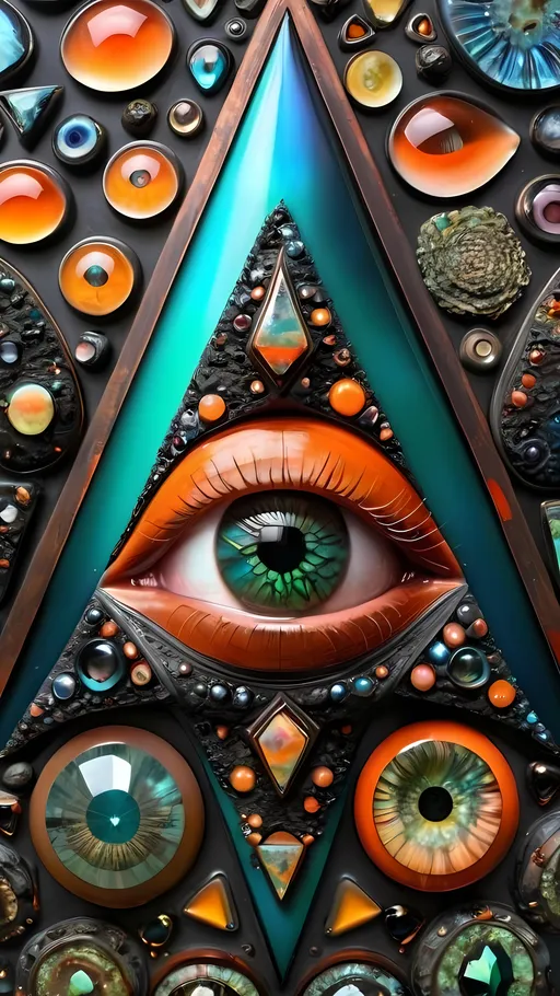 Prompt: an extremely hyper realistic ultra super textural weird trippy surreal psychedelic entity, Triangular Fractal Cascade, translucent, charcoal matte black, blown glass, iridescent finish, inlaid opal, glittering crystal accents, copper, patina, pyrite, quartz,, garnet, vandanite, bright vivid greens, teals, oranges,  lots and lots of light, lots of crazy colorful compound psychedelic human eyes, rows of human teeth, human lips, tongues, fungus,  atoms, diatoms, diatomic, algae, bryozoans, Triangular Fractal Cascade, extreme high definition organic and mineral textures