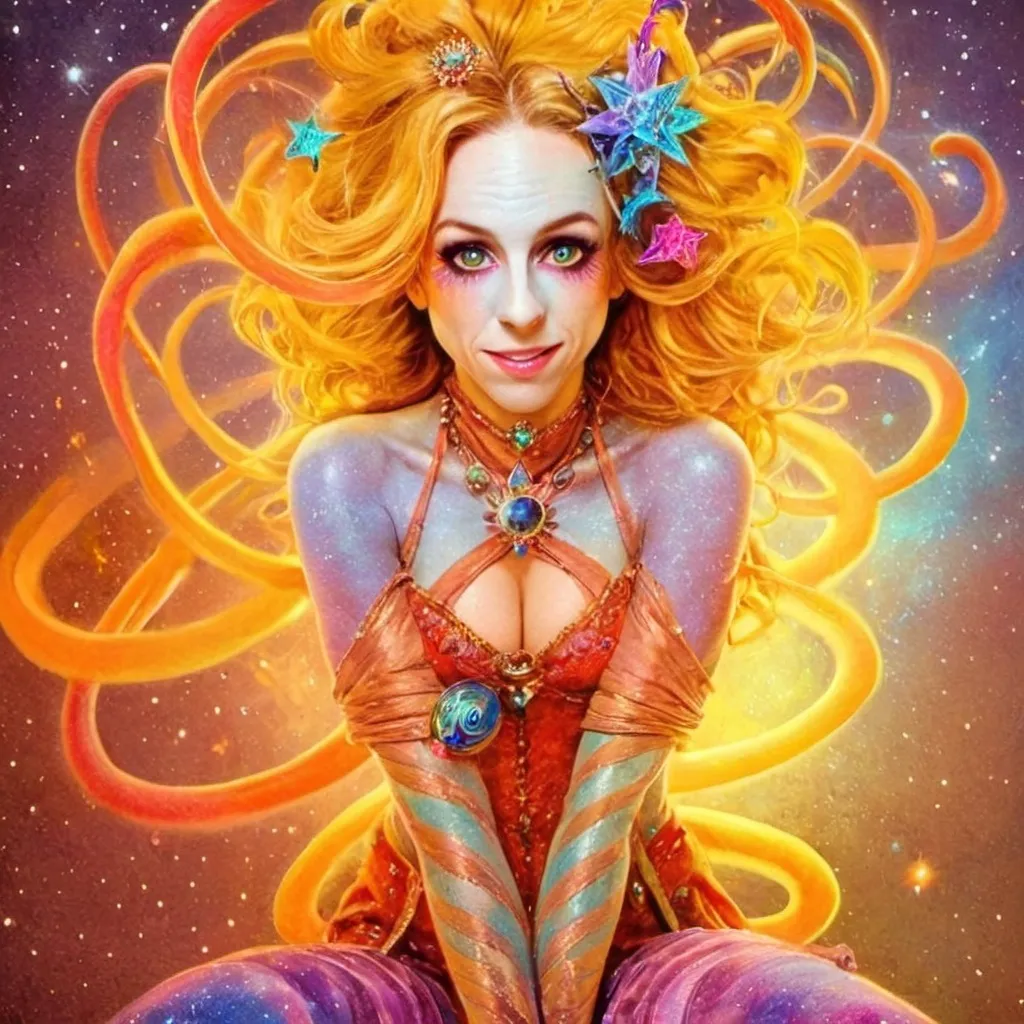 Prompt: A super hyperrealistic yet also illustrative and creative female cosmic jester, made entirely of swirling pure colored light, with long wild curly hair that appears blond but is a dazzling spectrum of hues. She is adorned in beautiful avant-garde "astral" jester's attire, complete with intricate harlequin clown makeup and a HUGELY OVERSTATED jester's hat that twists and bends into impossible, otherworldly shapes. Her hat sparkles with iridescent gems and glowing cosmic patterns, radiating a surreal, trippy energy. Her ensemble includes exquisite, shimmering accoutrements like glowing ribbons of stardust, cascading light veils, and crystalline bells that chime with the sound of distant galaxies. She sparkles, shines, and dazzles in a mesmerizing swirl of ever-changing colors, embodying the essence of cosmic whimsy and wonder. She stands on a floating, kaleidoscopic fractal platform that endlessly morphs and twists through the void of the astral realms. Behind her, a shimmering nebula of liquid rainbow light swirls and pulses, while shimmering comets streak across the scene. The cosmic jester juggles glowing orbs of quantum energy, each orb containing miniature universes that spin and glimmer with infinite possibilities. Her laughter echoes like a symphony of stars, and her every movement leaves trails of dazzling light that ripple like water across the fabric of space-time. The entire scene is awash with iridescent fractal spirals, the platform morphing with Mandelbrot set fractals, while liquid rainbow nebulae and glowing stardust create an atmosphere of pure astral magic.