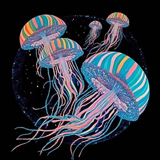 Prompt: <mymodel>A psychedelic surreal collage featuring photographs and art of jellyfish in space, spliced with photos/art of bubbles, optical illusions/trippy psychedelic patterns, underwater seascapes, geometric shapes to create a surreal jellyfish psychedelic collage design