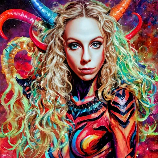 Prompt: Psychedelic depiction of a devil woman with long blond curly hair and goat horns, hooves, baphomet, goat-human hybrid, vibrant colors, surreal psychedelic style, high quality, detailed fur and hair, intense eyes, surreal, colorful lighting, psychedelic, fantasy, horned, baphomet, woman with long blond curly hair, goat-human hybrid, vibrant colors