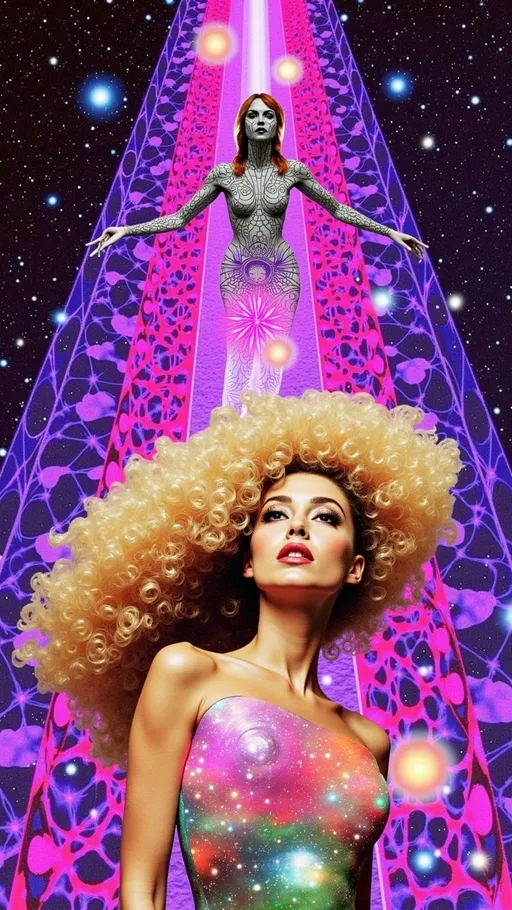 Prompt: **Prompt:**  
A divine DMT entity in the form of a beautiful Caucasian woman, her wild, curly blond hair transformed into glowing, multidimensional tendrils of liquid light, flowing endlessly into the fractal infinity of hyperspace. Her body shimmers like a crystalline hologram, constantly shifting between forms—part human, part machine, part alien architecture. Her skin is adorned with intricate, bioluminescent patterns of sacred geometry, pulsating with the colors of the ultraviolet spectrum: neon pinks, radiant purples, and electric blues. Her eyes are vast, otherworldly portals, reflecting the infinite realms of the DMT hyperspace—swirling vortexes of kaleidoscopic energy and impossible landscapes. The background is alive with hyper-organic structures: cathedral-like domes made of living light, pulsating with a rhythm that feels both ancient and futuristic. Alien glyphs and symbols float in the air, as if communicating with her and the viewer telepathically. The entire scene radiates an overwhelming sense of awe, mystery, and transcendence, as though she is the guardian of the ultimate cosmic truth.
