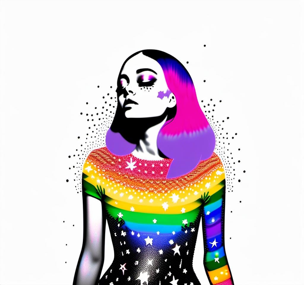 Prompt: a photograph (black and white or halftone) of a woman with multimedia colorful galaxies and stars in her wide eyes who is vomiting pure rainbows and stardust sparkles. She wretches as a beautiful spectrum of colorful light and sparklies made of paint, enamel, glitter, foils, pearl dust, rhinestones, metal, beads, marker, etc spills from her open mouth with force lighting up the room<mymodel>