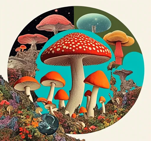 Prompt: <mymodel>Retro psychedelic collage of vibrant, 70s-inspired fungus, mushrooms, vibrant colors and patterns, surreal collage cut and paste composition, landscapes, trippy patterns, optical illusions, planets vintage analog texture, high quality, retro, psychedelic, vibrant colors, surreal, vintage, analog texture, detailed patterns, artistic