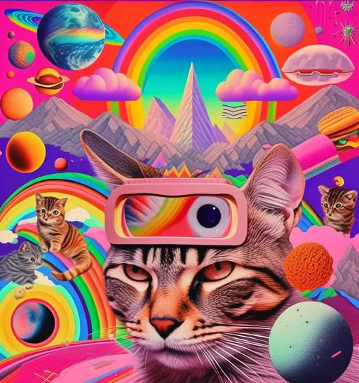 Prompt: a psychedelic collage with a vintage 70s sci animation feel to it except the theme is 90s internet memes. It is to be a collage of photographs and illustrations, outer space, planets, landscapes, optical illusion patterns, geometric shapes, eyes, hands, body parts, with rainbows, 404 error warnings, hamsters, cats, hot dogs, hamburgers, llamas, pickles, candy, chips, pixels, orbs, 90s style iconography spliced together with a vintage 70s psychedelic collage effect<mymodel>