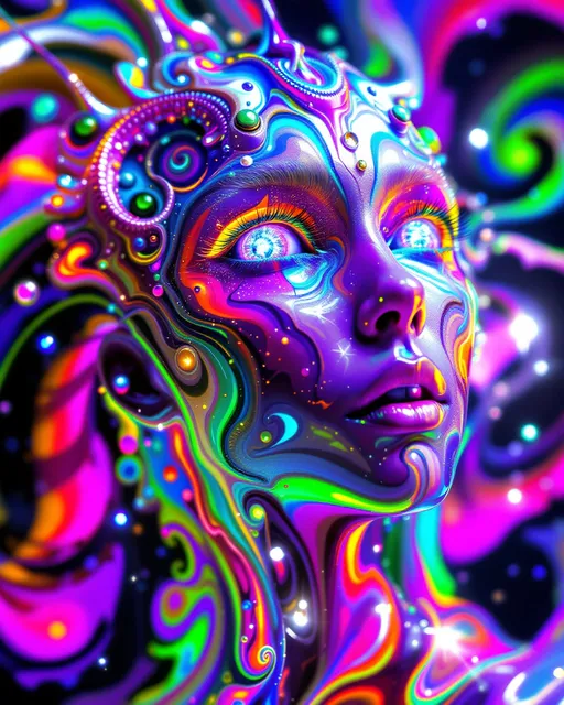 Prompt: Here’s an image-ready prompt based on GLITCHCORE 1:

⸻

Prompt:
A multifaced humanoid figure with kaleidoscopic eyes and fractal, iridescent skin, floating in a prismatic void. The body is layered with holographic drips, oil-slick textures, and liquid rainbow surfaces. Optical illusion patterns—black-and-white moiré and vibrant colored spirals—wrap around the figure, blending with glowing Mandelbrot fractals and sacred geometry. Recursive features repeat through the design: eyes within eyes, faces within faces, spiraling endlessly. The lighting glows from within the being, casting soft chromatic fog and subtle strobe shadows. Framed in a warped, kaleidoscopic close-up composition, with orbiting shards and fractal symmetry. Digital surrealism, glitchcore, sacred-tech aesthetic.

⸻

Would you like me to generate this as an image for you?
