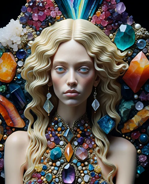 Prompt: <mymodel>ego death, woman long blond curly hair, figurine,  trippy extremely ultra hyperrealistic, high texture high detail psychedelic hallucination created entirely out of Gemstone, gemstones, crystals, crystal, psychedelic, texture, ego death, geometric shapes, fractals made out of gemstones gemstone textures minerals mineral texture banding crystals crystal clusters formations