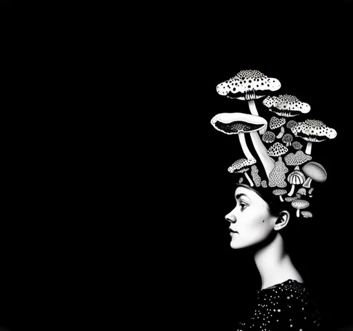 Prompt: a mixed media collage of a girl wearing or growing mushrooms/fungus as clothing body parts and accessories. She is a black and white or halftone photograph, the mushrooms and fungal growths are to be mixed media, including but not limited to paint, enamel, foils, glitter, sparkle, sequins, found objects, natural items, rhinestones etc <mymodel>