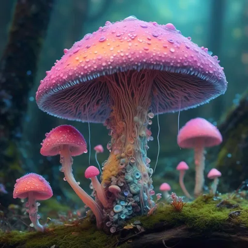 Prompt: <mymodel> an extremely hyper realistic ultra textural psychedelic fungus creature. trippy, surreal, odd, cute, small, mushrooms, mycelium, fungus, lots of light, translucent, bright pastel colors, lots of trippy psychedelic eyes, human teeth