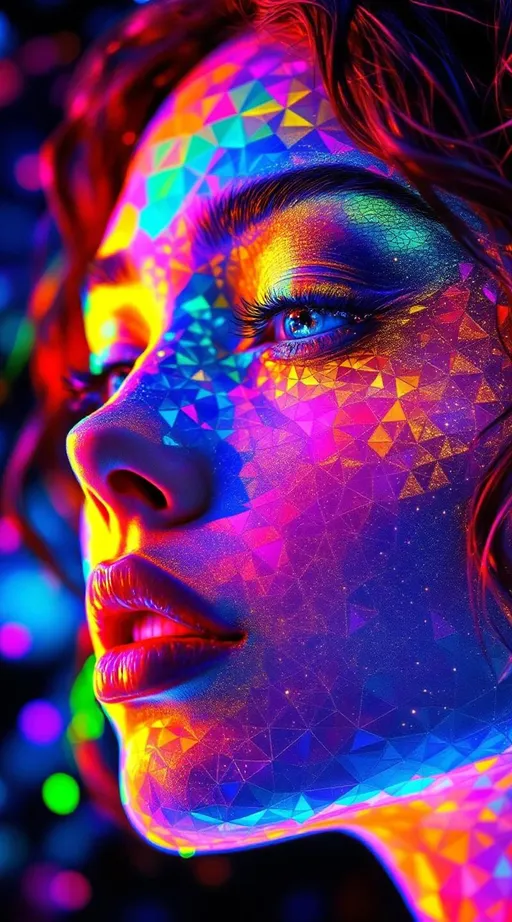 Prompt: Her face is not skin, not flesh—only tessellation. A rainbow-radiant hyperbolic tiling in AdS space blooms outward from the void: heptagons shrink toward infinitude across her cheeks, nested in sacred recursion. Every polygon pulses with nightclub light frequencies—sparkling with spectral data. Her jawline curves along orbiting geodesics, each spiral twisting like a Möbius braid caught mid-laugh.

A second tessellation blooms across her brow and hairline—Penrose tiles in flaming neon hues, interlocking aperiodically and flickering like recursive jewels. Her hair is made of pure colored light shaped by Hopf fibrations and modular waveforms, curling in 4D tessellation flows. Escape gradients shimmer across her cheeks, mapped to scalar field intensities and laced with Fourier diffraction halos.

Every shimmer, every color—math. She is built of light, code, and symmetry: a disco goddess whose very structure defies Euclidean law. Her presence refracts like a living math spell cast in rainbow lightning.

Tags:
#DiscoMathGoddess #HyperbolicTiling #RainbowTessellationFace #PenroseSparkle #LightformEntity #FractalGeometryQueen #ModularHair #SpectralSymmetry #UltraMathified