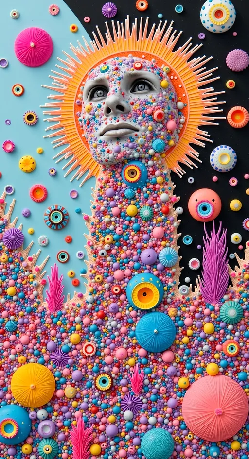 Prompt: an extremely hyper realistic ultra super textural weird trippy surreal psychedelic entity, white, translucent, clear, bright bright pastel colors, oil slick rainbow sheen effect, lots and lots of light, lots of crazy colorful compound psychedelic human eyes, rows of human teeth, fungus, atoms, diatoms,