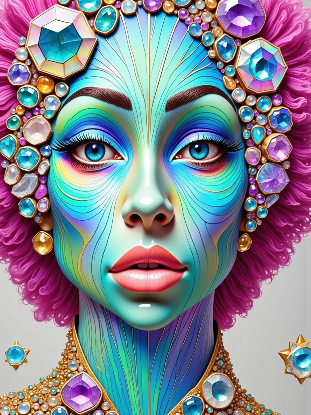 Prompt: **Prompt:** Zoom in on a surreal portrait of a caucasian slim woman with wild pink curly hair & piercing blue eyes. She faces forward, dominating the frame. Her hair reflects a kaleidoscope sky, swirling w/ glitchy geometric patterns, portals to other dimensions. Her cosmic blue eyes echo the landscape's electric hues. Floating polyhedra around her reflect iridescent colors, casting a holographic aura. The scene blends surrealism & psychedelic art, inspired by Salvador Dalí & Alex Grey, w/ intricate details & vivid contrasts. Neon pinks, electric blues, & shimmering golds create an otherworldly atmosphere. Soft lighting highlights her features, casting gentle shadows that enhance her mystical quality. Fluid outlines merge her form w/ dimensions beyond.

**Glitch Enhancements:** Add **Pixelation** in her hair for a low-res haze. Use **Color Banding** for harsh gradient bands, echoing cosmic chaos. **Data Moshing** smears pattern transitions. **Chromatic Aberration** adds a psychedelic halo. **RGB Split** gives ghostly outlines, enhancing her ethereal presence. **Wave Distortion** ripples her silhouette, merging her w/ the kaleidoscope sky. **Color Shift** introduces sudden hue changes, adding neon overload. **Scan Lines** add a retro-futuristic touch. **Noise Grain** adds gritty texture, layering complexity onto this cosmic, glitch-infused portrait.