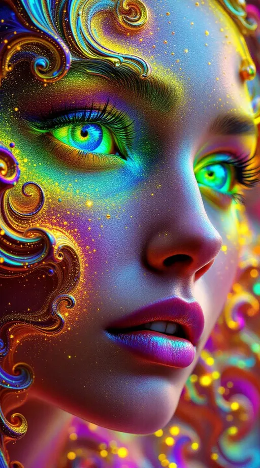 Prompt:  #escape #maximal #iridescence Her face isn’t formed—it’s grown from infinite math. No flesh—only recursive geometry. She is made of fractal bloom: Mandelbrot clusters radiate from her brow like crystalline logic, Sierpinski pyramids feather her cheekbones in delicate triangular lace, and Julia spirals weave across her lips in glowing recursion. #orbit traps ripple along her jawline—fields of light caught in equation bloom, glowing with chromatic iteration. Her skin is not surface—it’s a canvas of escape-time render: every pixel a count, every glow a depth. Eyes = fractal mirrors: spirals within spirals, each iris a recursive echo of the set’s infinite heart. Her visage pulses in #distance estimation shell layers—neon gradient bands of iteration depth from core to cusp. Hair erupts as fractal filigree: lightning-bolt dendrites, barnacle curls, Fibonacci flame curls trailing #bokeh glow from each orbit’s trajectory. Her crown bursts with analytic fire: critical points rendered as gold-leaf flames, halos of exponentiating geometry unfolding with every glance. Her smile = a point at the edge of stability; her laugh = a render glitch across infinite resolution. She is the fractal manifest—a living iteration, spiraling through glow, repeating through beauty, pulsing with the light of structured infinity.
