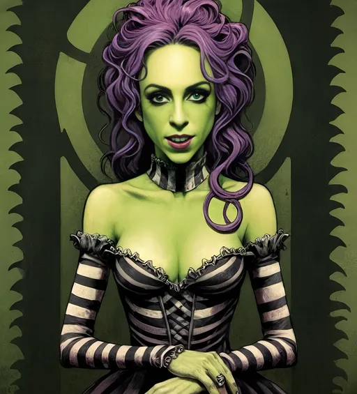 Prompt: <mymodel>Beetlejuice-themed illustration with Tim Burton aesthetic, sandworm, purple, neon green, black, textured pattern, high-quality, detailed, Tim Burton style, cartoon, dark tones, eerie lighting, sandworm texture, Beetlejuice aesthetic, vivid colors, eerie atmosphere, gothic, haunting, neon accents, detailed patterns, spooky, beetlejuice, highres, textured, neon, eerie, detailed texture, Tim Burton style, haunting, vivid colors