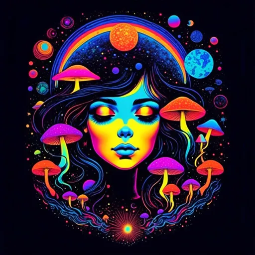 Prompt: <mymodel>Vintage 70s black light poster art illustration, girl hallucinating in space, psychedelic mushrooms, planets, moons, stars, fractals, vibrant colors, intense black light effects, detailed psychedelic girl, cosmic atmosphere, high quality, psychedelic, vintage, space, vibrant colors, fractal details, hallucination, girl illustration, retro art style, cosmic lighting