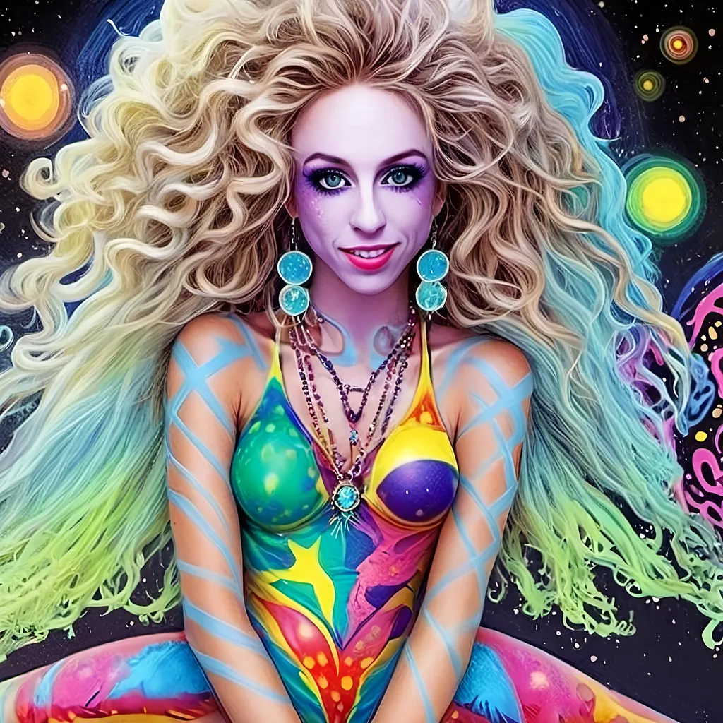 Prompt: A super hyperrealistic yet also illustrative and creative female cosmic jester, made entirely of swirling pure colored light, with long wild curly hair that appears blond but is a dazzling spectrum of hues. She is adorned in beautiful avant-garde "astral" jester's attire, complete with intricate harlequin clown makeup and a HUGELY OVERSTATED jester's hat that twists and bends into impossible, otherworldly shapes. Her hat sparkles with iridescent gems and glowing cosmic patterns, radiating a surreal, trippy energy. Her ensemble includes exquisite, shimmering accoutrements like glowing ribbons of stardust, cascading light veils, and crystalline bells that chime with the sound of distant galaxies. She sparkles, shines, and dazzles in a mesmerizing swirl of ever-changing colors, embodying the essence of cosmic whimsy and wonder. She stands on a floating, kaleidoscopic fractal platform that endlessly morphs and twists through the void of the astral realms. Behind her, a shimmering nebula of liquid rainbow light swirls and pulses, while shimmering comets streak across the scene. The cosmic jester juggles glowing orbs of quantum energy, each orb containing miniature universes that spin and glimmer with infinite possibilities. Her laughter echoes like a symphony of stars, and her every movement leaves trails of dazzling light that ripple like water across the fabric of space-time. The entire scene is awash with iridescent fractal spirals, the platform morphing with Mandelbrot set fractals, while liquid rainbow nebulae and glowing stardust create an atmosphere of pure astral magic.