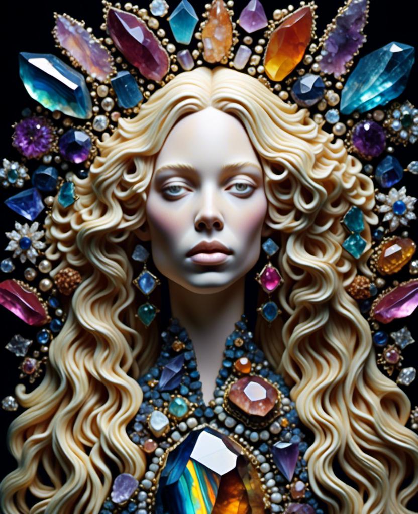 Prompt: <mymodel>ego death, woman long blond curly hair, figurine,  trippy extremely ultra hyperrealistic, high texture high detail psychedelic hallucination created entirely out of Gemstone, gemstones, crystals, crystal, psychedelic, texture, ego death, geometric shapes, fractals made out of gemstones gemstone textures minerals mineral texture banding crystals crystal clusters formations