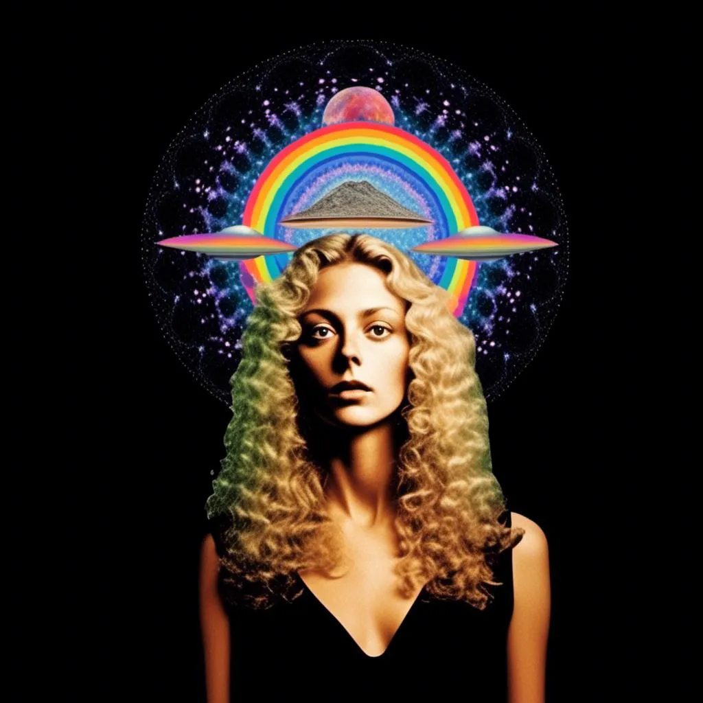 Prompt: A psychedelic collage featuring a photograph of a woman with blond curly long hair. The photo is cut and spliced with other photos and drawings of aliens, UFOs, rainbow spectrums are erupting from places, planets, stars, landscapes, and sparkles set amidst optical illusions of all kinds in geometric shapes giving an otherworldly surreal bizarre ufo alien effect to this psychedelic collage <mymodel>